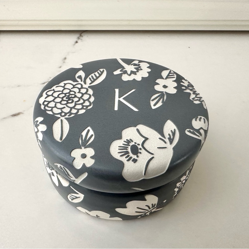 Anthropologie Ceramic Lidded Trinket Jar, โKโ Monogram, Like New